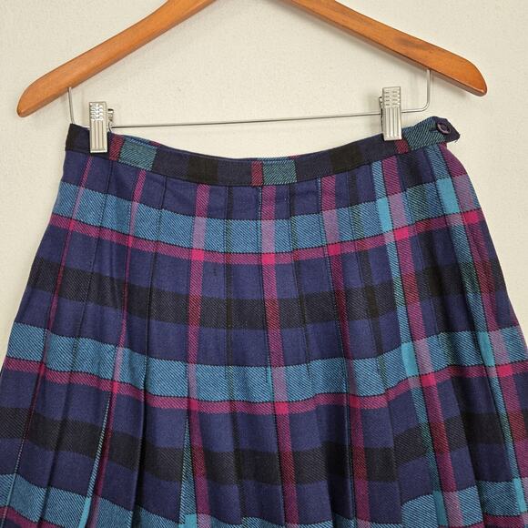 VTG Tan Jay Wool Blend Pleated Plaid Skirt Sz 14* Blue Teal Pink Preppy Academia - Picture 2 of 12